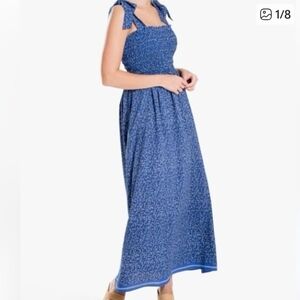 Max Studio Blue Smocked Bodice Tie-Shoulder Maxi Dress